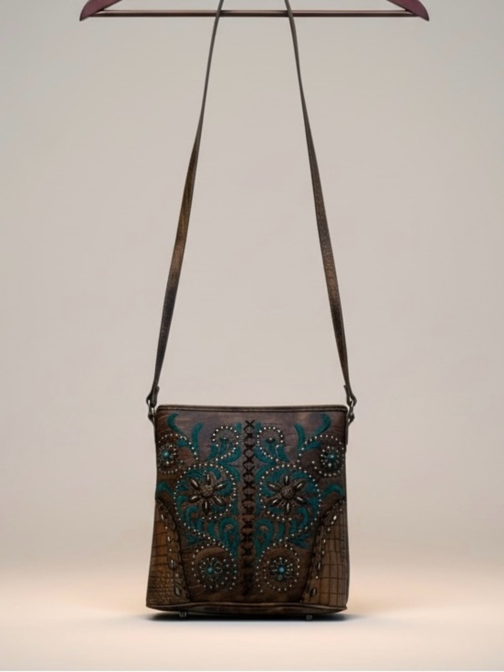 Montana West Western Crossbody Purse Brown Turquoise Embroidered Studded Bag - Picture 6 of 15
